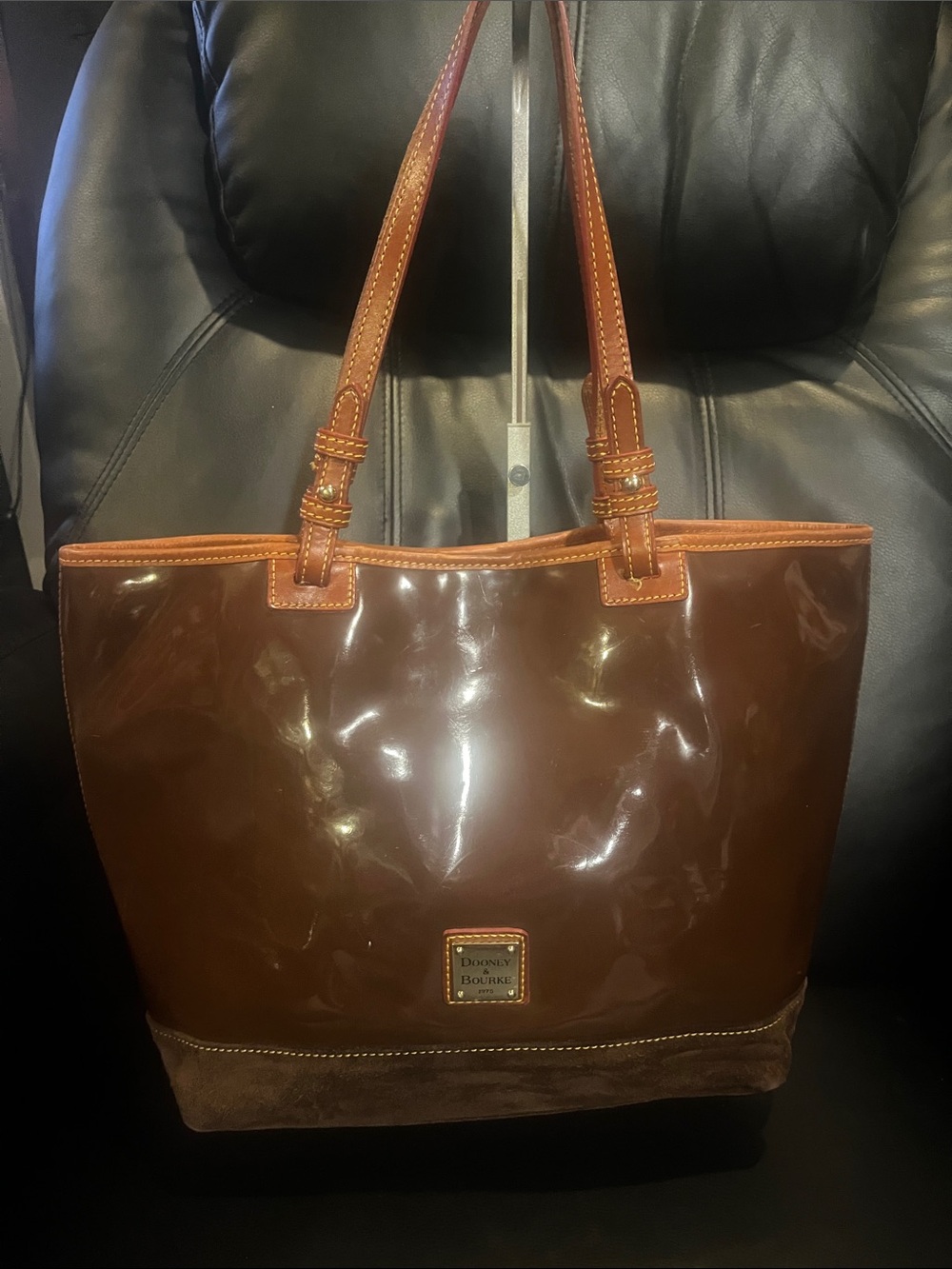 Dooney & Bourke Brown Patent Leather Tote with Suede Trim rehab
